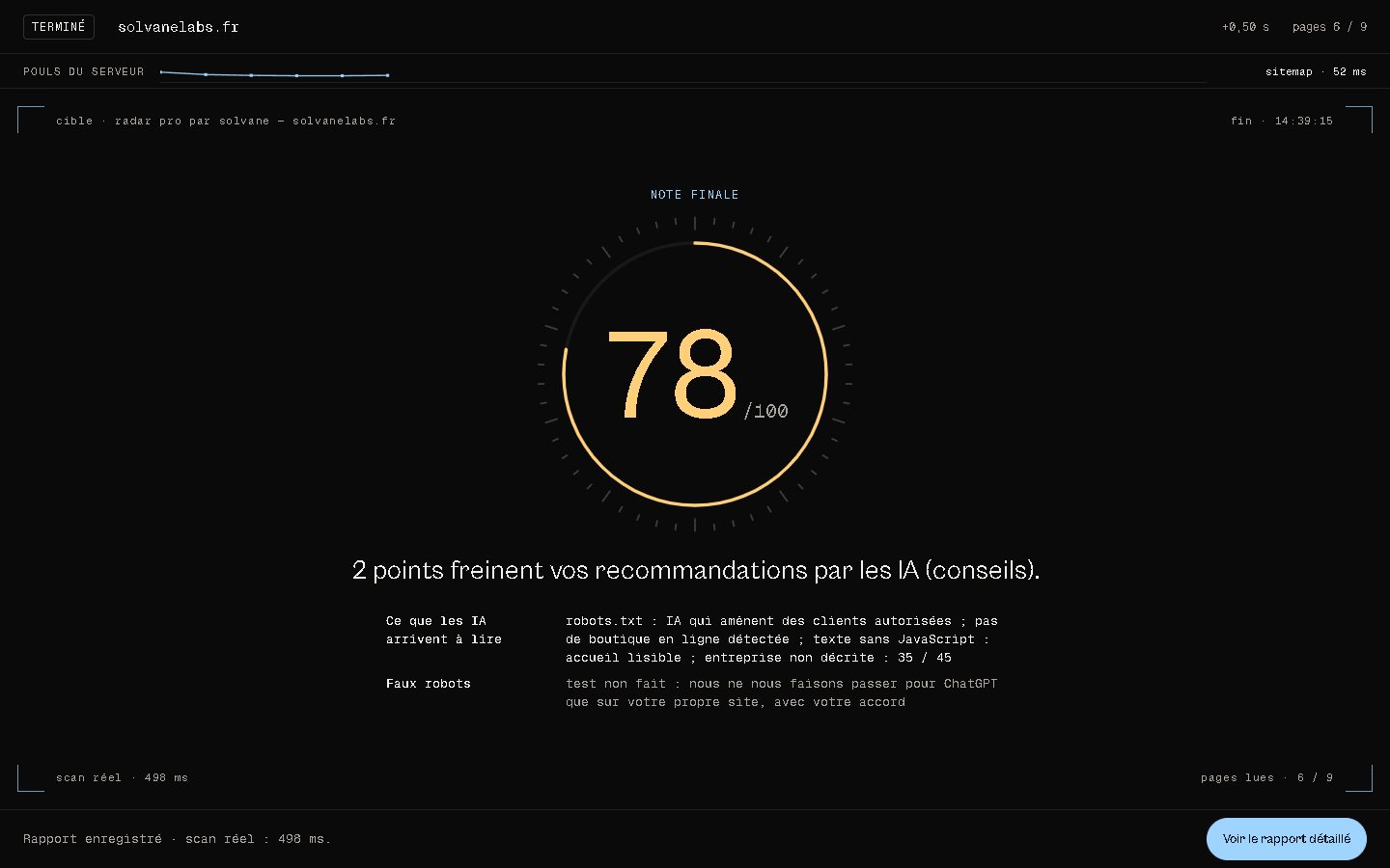 Scan de solvanelabs.fr du 2 octobre 2026 : note 78 sur 100, entreprise non décrite.